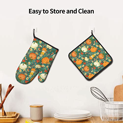 Oven Mitts And Pot Holders Sets,Harvest Pumpkin Resistant Hot Pads With Polyester Non Slip Bbq Gloves For Cooking #TOP4