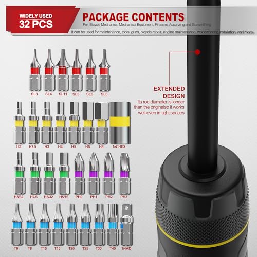 Image of Long Shank Torque Screwdriver Set, 5-55 Inch Pounds lbs, 32 Piece 1 /4 inch Drive Torque Screwdriver Wrench with S2 Steel Bits for Bicycle Mechanics, Mechanical Equipment, and Mounting