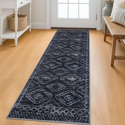 KILOCOCO Boho Kitchen Runner Rug 2x6 Washable Runner Rug, Soft Runners for Hallways Non Slip Printed Distressed Laundry Room Rug, Low-Pile Rug for Entryway/Bedroom/Living Room, Black