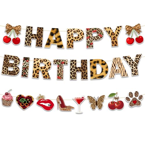 Cheetah Print Birthday Decorations Banner - Leopard Theme Happy Birthday Party Decoration Banner, Jungle Animal Themed Party Supplies with Banners Garland for Girls Women