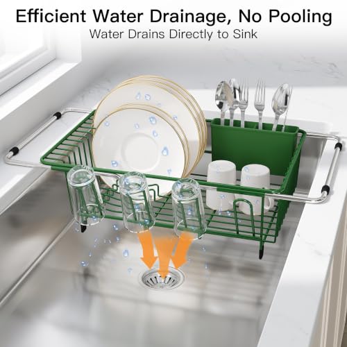 Image of JASIWAY Green Dish Drying Rack in Sink, Dish Drainer with Utensil Holder