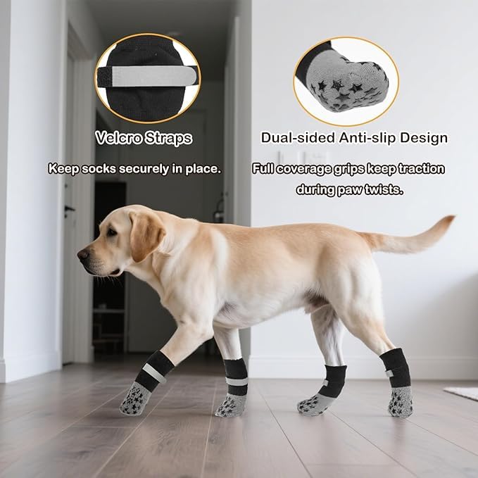 Image of KUTKUT Anti Slip Dog Socks to Prevent Licking Paws for Hardwood Floors, Boots & Paw Protector Socks for Hot /Cold Pavement with Grippers, Double Sides Grips for Medium Senior Dogs(SIZE: S, L*W: 14*5cm)