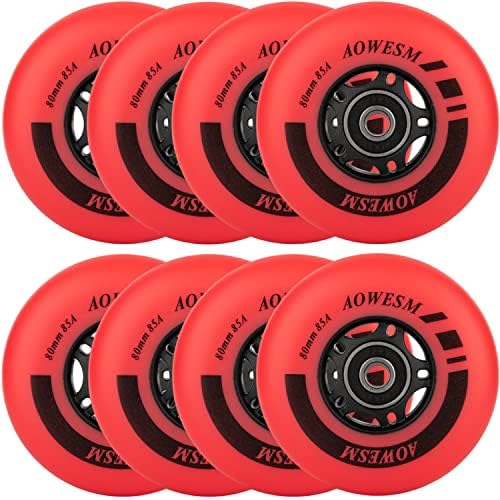 AOWESM Inline Skate WheeIs 85A Outdoor Inline Roller Hockey Skates Replacement Wheels w/Bearings ABEC-9 and Floating Spacers, 72mm/76mm/80mm Sizes, Black/Blue/Red Colors, 8-Pack (Red, 80mm)
