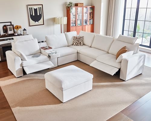 Image of Oversized Modular Power Recliner Sofa Wall Hugger, Cloud Reclining Couch with Headrest, Storage Ottoman, Drawer Charging Cup Holder, Deep L-Shaped 6 Seater with Dual Electric Recliner, Chenille, White