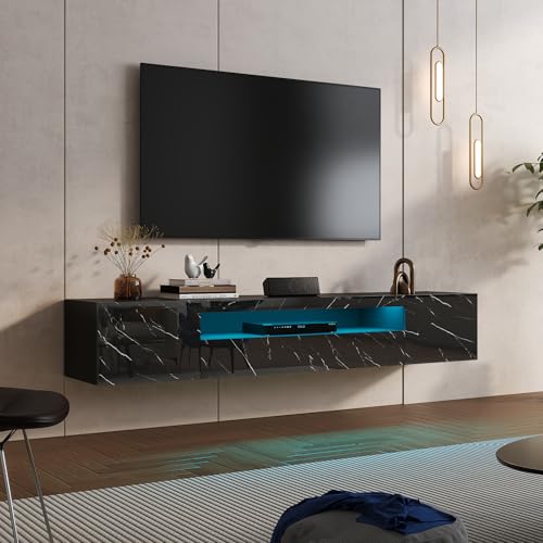 KEEPREAPER TV-Schrank, Lowboard mit LED-Beleuchtung, Fernsehtisch hängend, Fernsehschrank Hochglanz, für Fernseher bis zu 85 Zoll, für Wohnzimmer, 180 x 35 x 30cm (Schwarz marmor)