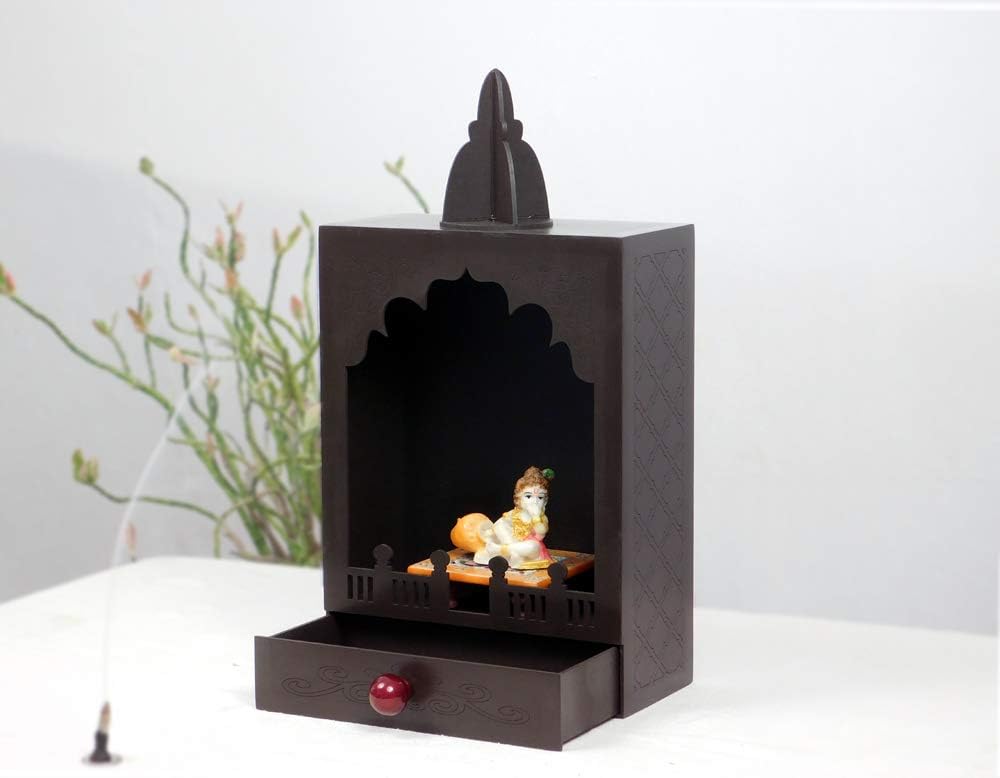 Chave India Wooden Temple for Home Pooja Mandir/Mandap with Beautiful Laser Engraving and Drawer Storage (Brown)