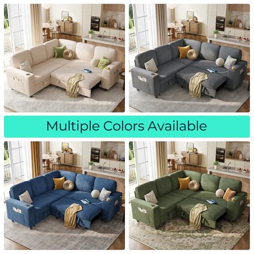 Image of LINSY HOME Pull Out Sofa Bed Sectional Sleeper Sofa with Storage, Plush Corduroy Pullout Modular Sectional Couches for Living Room, L Shaped Convertible Couch Bed for Apartment (Blue)