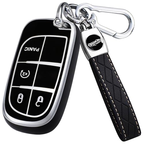 Key Fob Cover for Jeep - Premium Soft TPU Shell Full Protection Case with Keychain Fits Grand Cherokee Compass Renegade Chrysler Dodge RAM Durango Challenger Journey Dart Fiat Black-Silver 4-Button