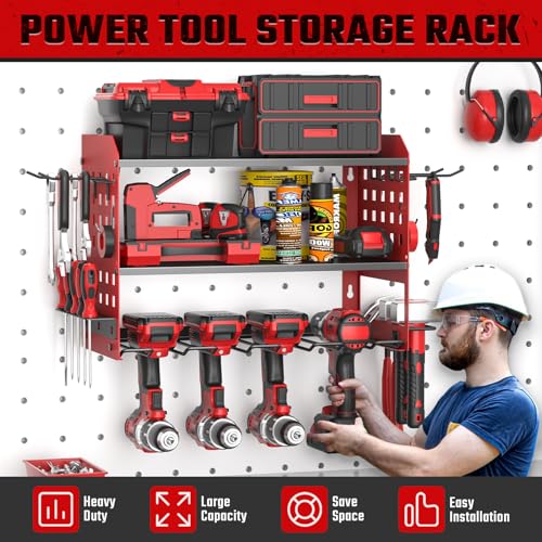 Yeabett 3 Ebenen Werkzeug Wandhalterung, Werkzeugspeicher Aufbewahrung für 4 Elektrowerkzeug, Werkzeug Wandhalterung für Garage, Werkstatt, 42.5 * 20 * 31cm (Rot)