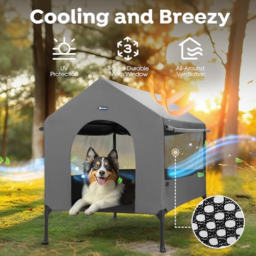 Veehoo 35" Dog House, 2-in-1 Large Dog House Outdoor Indoor Weatherproof, Outside Elevated Dog Cot Bed Dog Tent Shade, Three-Sided Breathable Mesh Windows and Sunshades, CWC2435CP - Image 3