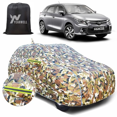 Image of Car Body Cover for Toyota Glanza New, 100% Waterproof with Mirror & Antenna Pockets, Military Print Design, UV & Dust Protection, Triple Stitched, Sky Piping & Reflector (Jungle Print)