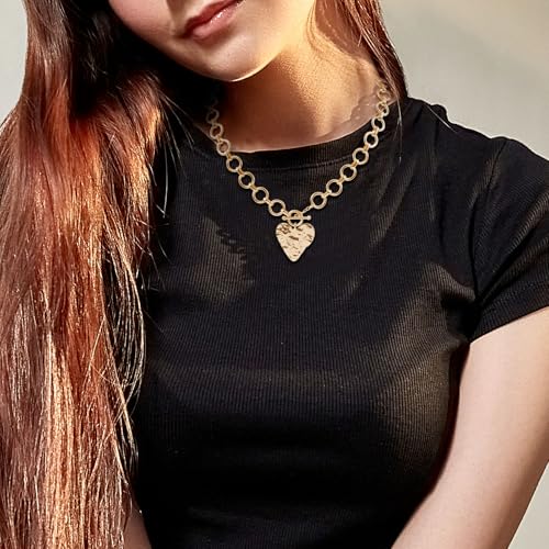 Chunky Gold Pendant Necklaces for Women, Large Statement Hammered Heart Pendant Necklace Vintage Chunky Gold Chain Necklace for Women Trendy Jewelry Gift 5