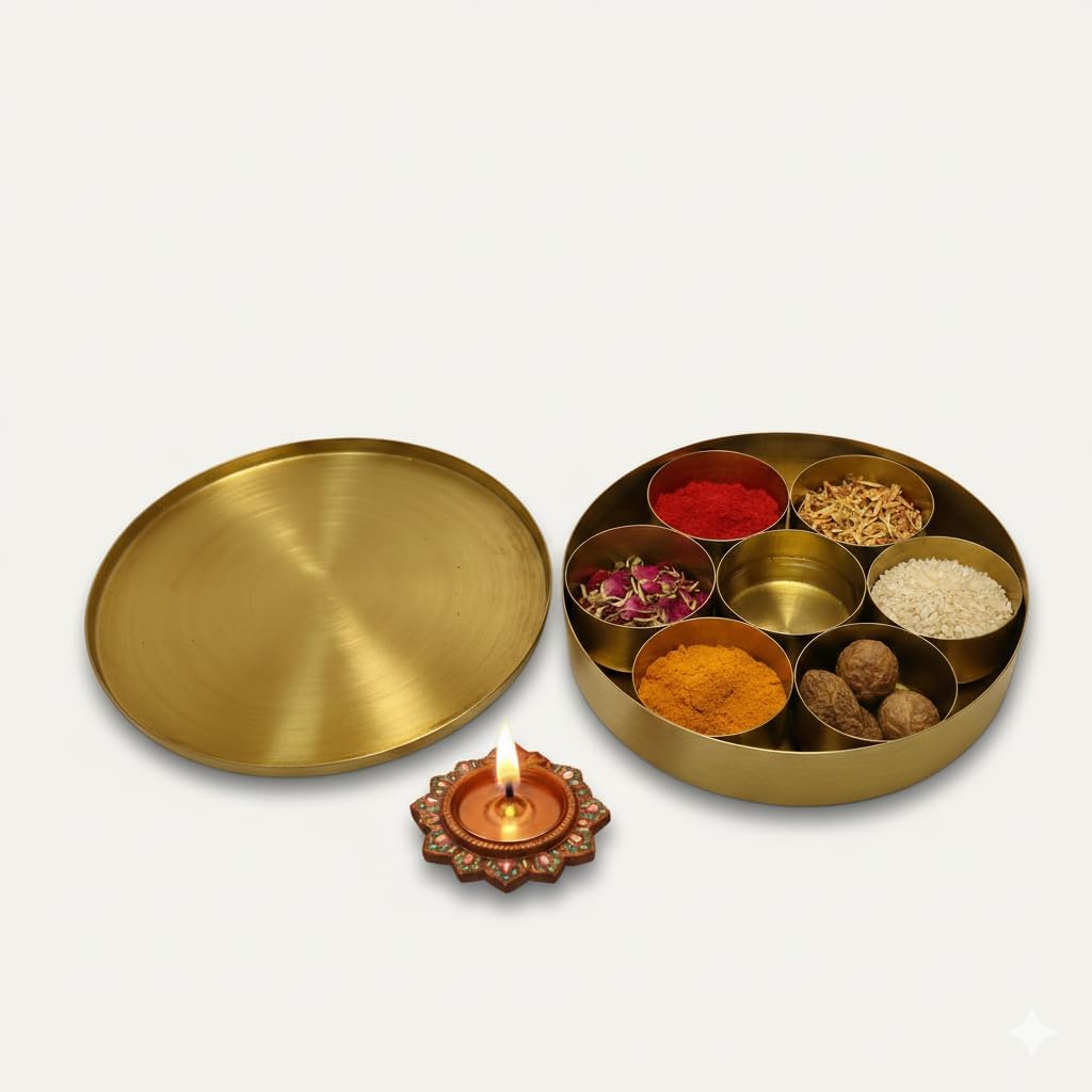 assortify Brass Pooja Box | 7 Dibbi Set for Roli, Chawal, Haldi, Kumkum, Sindoor, Chandan, Turmeric | Traditional Brass Pooja Dani with Lid Holder for Festivals, Vrat & Daily Puja modified this title 1