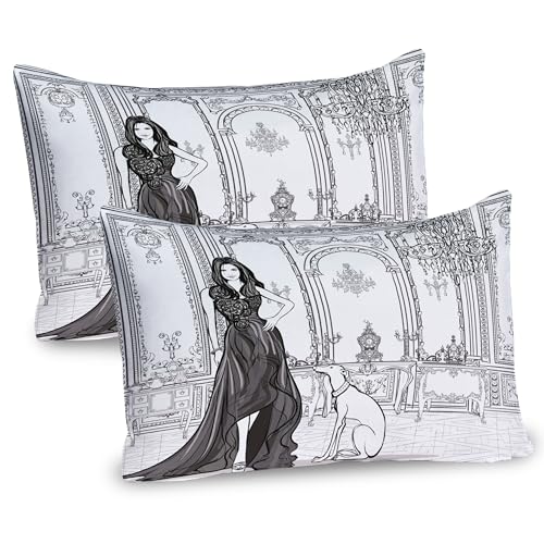 Ambesonne Teen Room Pillow Sham Set of 2, Fashion Woman in Victorian Palace Dog Baroque Illustration Print, Quality Microfiber Bedding Item for All Seasons, 36