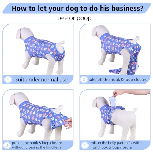 Image of PetWarm Dog Surgical Recovery Suit, Dog Bodysuit for Sensitive Skin Areas, Surgical Suit for Dogs Abdominal Affected Areas Bandages, Substitute E-Collar and Cone, Flower Pattern, Blue, XS