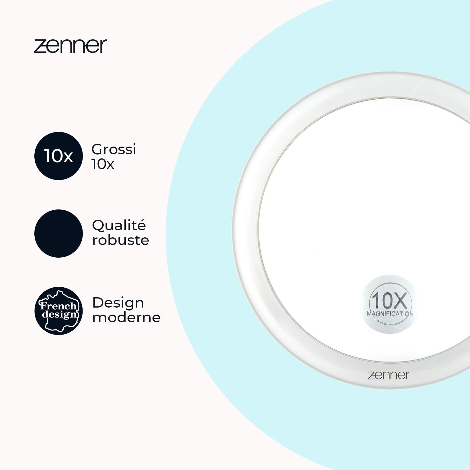 Zenner Specchio ingranditore – 10 x Specchio per il trucco con ventose – Rimovibile e pronto da viaggio – per truccarsi con precisione, epilazione o inserimento di lenti