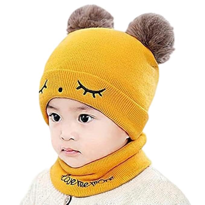 Image of F Y V Baby Best Kid Hat Set /Warm Winter Knit Embroidery Cute Beanie Baby Hat & Scarf Set Age Group - (1-6 Years) (Yellow)