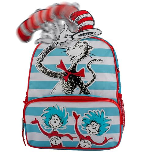 Image of AI ACCESSORY INNOVATIONS Dr. Seuss's The Cat In The Hat Mini Backpack, 12 inch x 10 inch x 4 inch, Kids School Bag with Thing One and Thing Two Design, White /Red /Blue