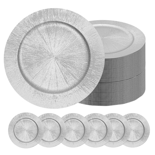 100 Pack Silver Charger Plate Bulk,13 Inch Silvers Plastices Chargers Plates Dinner Round Tray Tableware Dish For Table Setting Wedding Holidays partys Decors Decors(Glitter Silvers) 100 Pack Silver Charger Plate Bulk,13 Inch Silvers Plastices Chargers Plates Dinner Round Tray Tableware Dish For Table Setting Wedding Holidays partys Decors Decors(Glitter Silvers)