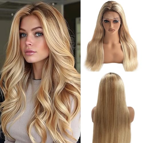 Image of Belaved Highlights Ash Brown Lace Front Wigs Human Hair No Synthetic HD Frontal Real Human Hair Dark Brown Roots Pre Plucked Glueless 180% Density Seamless 13x4 Straight for Women 22 Inch