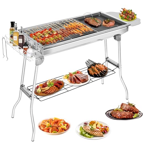 Sorlpv Barbacoa de carbón vegetal de acero inoxidable, 100 x 33 x 71 cm, parrilla plegable portátil con sartén antiadherente, barbacoa XXL, 5-10 personas, uso en exteriores, para camping, picnic