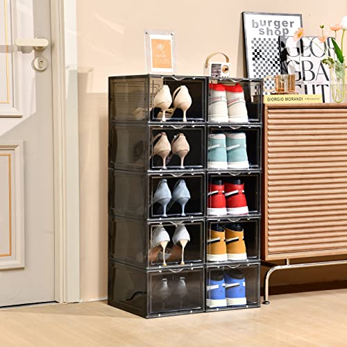 Image of Clemate 8 Pack Shoe Storage Boxes, Clear Plastic Stackable Shoe Organizer for Closet, Shoe Box with Magnetic Door, Foldable Shoe Storage Bin, Sneaker Storage Box Shoe Rack Container Bin Holder (Gray)