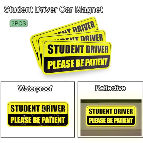 Image of 3 Pcs Student Driver Car Magnet, Please Be Patient Student Driver Magnet | Teen Driver for Car Removable Novice Rookie Safety Atntteion Sign - Weather-Resistant Yellow /Black