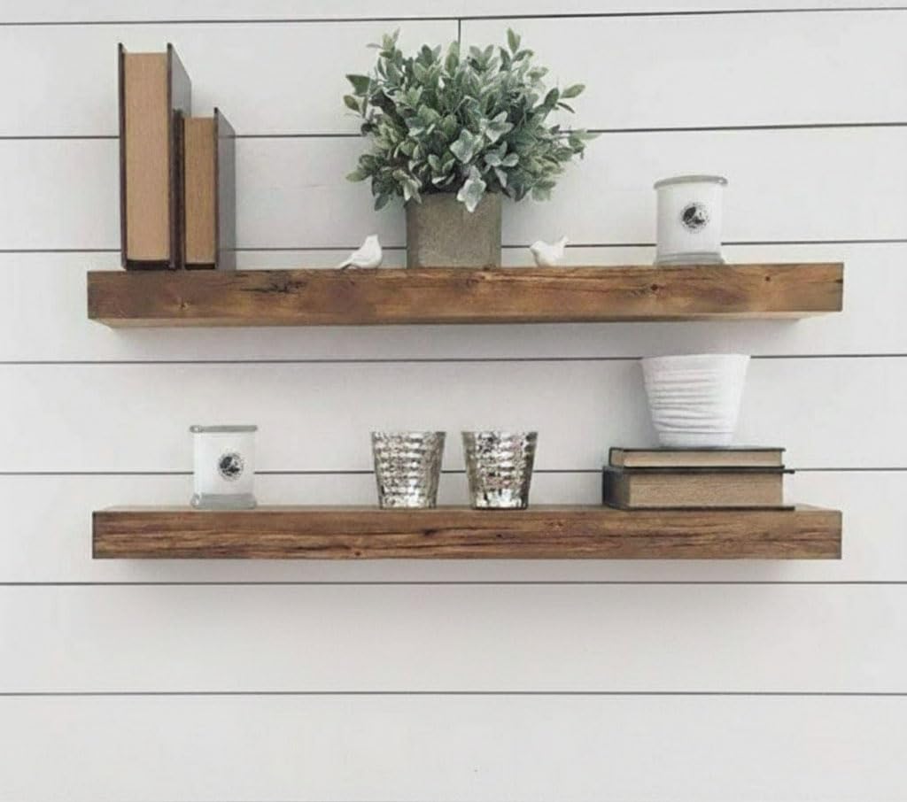 Solid Wood Floating Wall Shelves | Rustic Wooden Display Shelves for Living Room, Bedroom, Kitchen & Bathroom | Heavy Duty Wall Mounted Shelves (20 Inches, 2 Shelves)