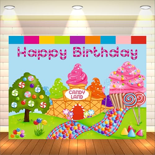 Image of Candy Land Theme Backdrop | Backdrop for Birthday Decoration | Happy Birthday Banner for Kids (Pack of 1, Multicolor, Size: 5x4 Feet)