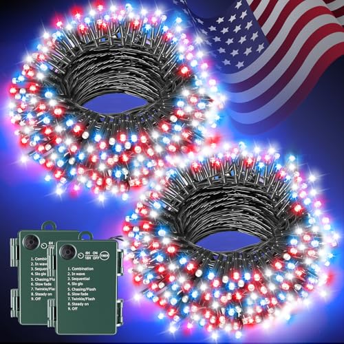Red White and Blue Lights for Memorial Day Decorations and 4th of July Decorations Timer Waterproof 8 Modes Battery Operated String Lights Total 100LED 35FT for Indoor and Outdoor 50LEDs x 2 Packs