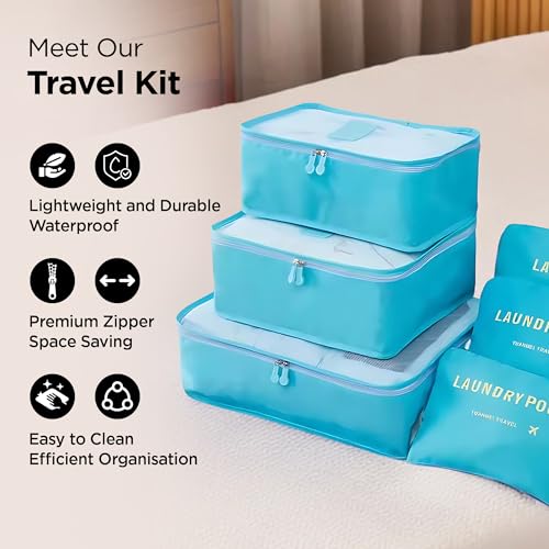 Image of UMAI 6-piece Vacuum-Compressed Travel Organizer + Pouch Packing Cubes | Cosmetics /Laundry /Socks /Shoes Organizer Pouch|Waterproof, Lightweight, Foldable Storage Bag | Blue