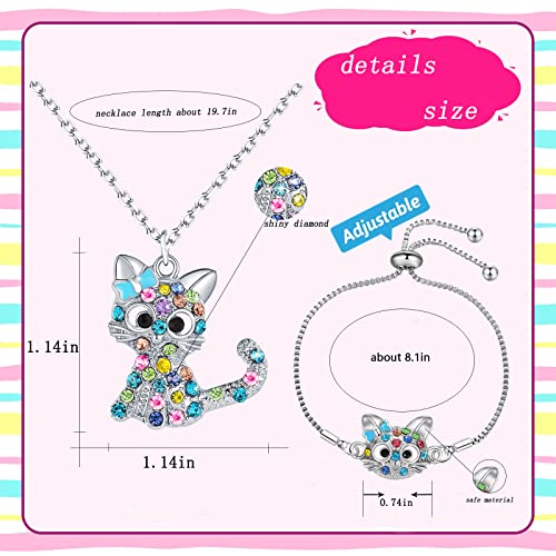 Lovely Rainbow Rhinestone Cat Jewelry Set For Girls Pendant Necklace Girl Jewelry Gift For Girls Daughter Granddaughter Niece Christmas Gift Girl Birthday Gift over 3 years old.3