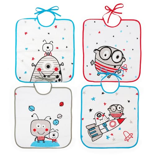 Ti TIN Baberos guardería grandes 36×33 cm – Pack 4 de rizo algodón suave y absorbente, cierre con cintas, lavables y aptos secadora – Recomendados para escuela infantil y bebés 12+ meses. Estampados