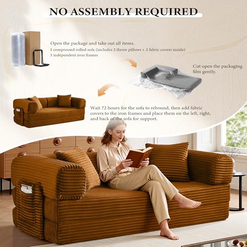 Image of AUGOP Futon Sofa Bed Boneless Couch for Living Room,Pull Out Couch with Sleeper Sofa,Day Bed Couch with Storage Pocket,Removable Corduroy with 2 Pillow