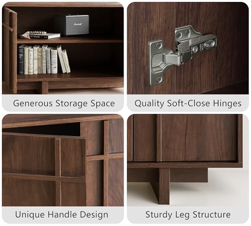 Image of TV Stand for 75 Inch TV, Mid Century Modern TV Stand with Skeletal Lines Design, Wood Grain Finish, Media Console with Storage, 65.6 inch Entertainment Center for Living Room, Bedroom, Walnut