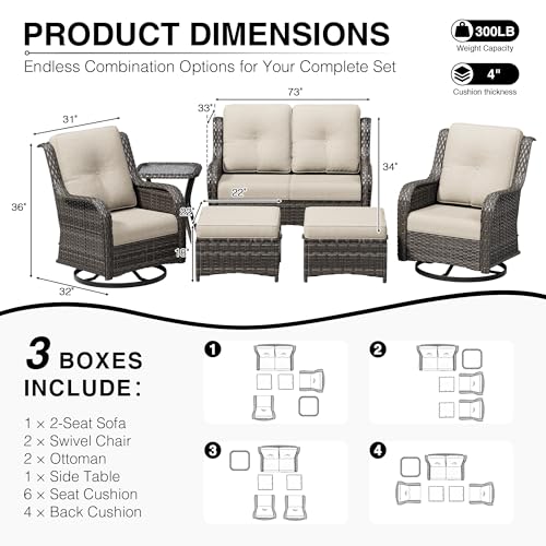 Image of Joyside 6 Piece Wicker Patio Furniture Set, Outdoor Swivel Rocker Patio Chairs with High Back, Deep Seating, Wide Armrest, Thickened Cushions, Outdoor Furniture for Deck, Porch Use