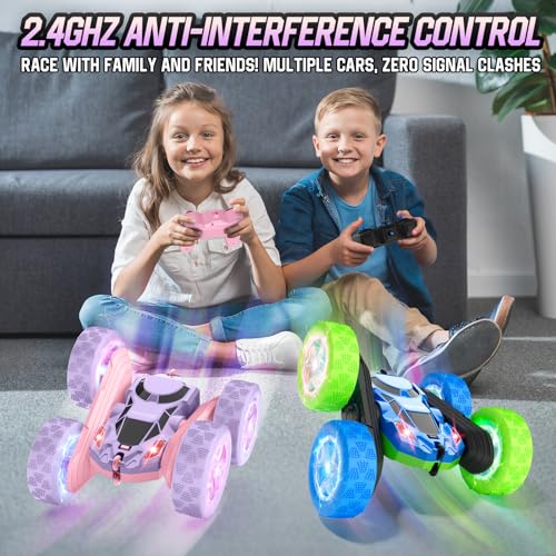 Image of Hamdol Remote Control Car, Double Sided 360Rotating 4WD RC Cars, with Sparkling LED Wheels, 2.4GHz Electric Race Stunt Toy Car, Rechargeable Toy Cars for Boys Girls Birthday Valentines Gift