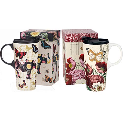 Topadorn Ceramic Coffee Mug Set of 2, 17 Oz Tea Cups with Handle and Lid for Latte, Tea, Cappuccino, Milk, Cocoa, Microwave&Dishwasher Safe, Flowers and Butterflies