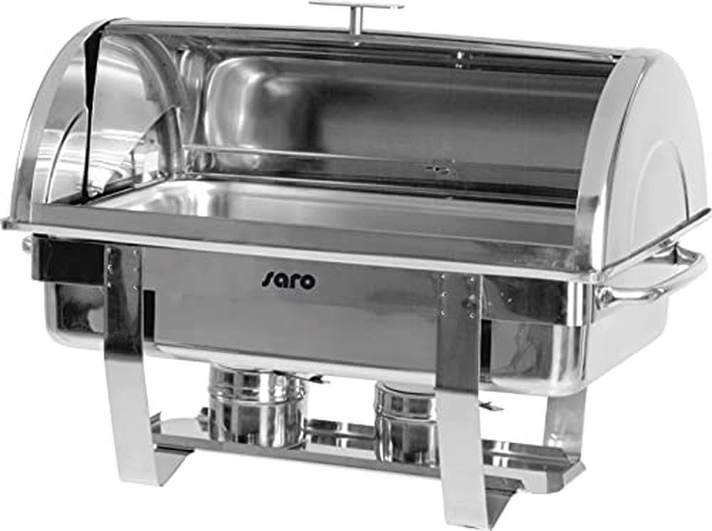 SARO Chafing Dish mit Rolldeckel inkl. 1/1 GN-Behälter, Tiefe 65 mm – Mit 2 Brennpastenhaltern & Untergestell - Edelstahl hochglanzpoliert – Für 1/1 GN-Behälter – GN-Tiefe max. 100 mm – Modell DENNIS