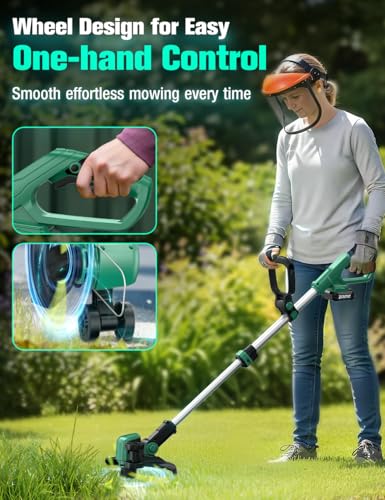 KIMO Weed Wacker Cordless Battery Powered w/ 2 x 2.0Ah Batteries, 2-in-1 String Trimmer & Edger with Charger & Wheels, 12 inch Dual-Sided Cutting Lines (10Pcs), Electric Weed Eater 20V for Lawn Yard