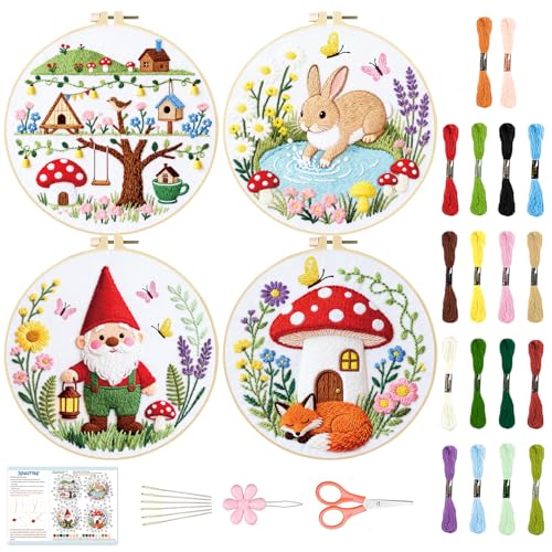 Image of BEUNITONE 4 Set Embroidery Kit for Beginners, Fairy Tale Pattern Cross Stitch Kits, Needlepoint Kits for Adults with Instructions and Full Kit, Funny Hand Embroidery Patterns for Cloth and Home Decor