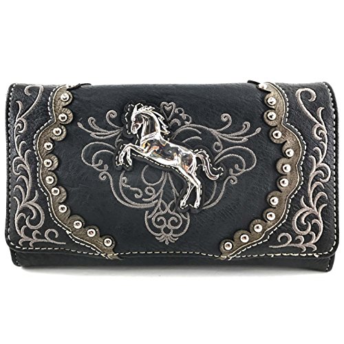 Justin West Horse Embroidery Studded Concealed Carry Handbag Purse Matching Wallet (Black Wallet)