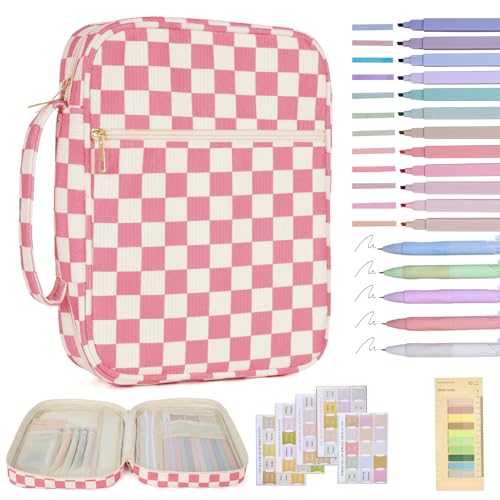 Bible Cover Case for Women Corduroy Bible Case for Girls Checkered Large Bible Cover with Handle Bible Study Supplies Accessories Christian Gifts for Women (Pink, Medium)