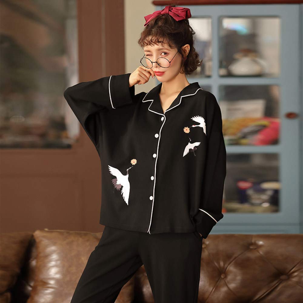 YUHOOE Conjunto De Pijamas De Mujer,Negro Sexy 2 Piezas Pijama De Algodón Ropa De Dormir con Botones De Invierno De Manga Larga Y Bottom Pjs Set Nightwear Lounge Sets Loungewear,Negro,XXL
