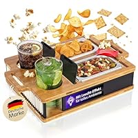 AH® Couchbar Snackbox mit Leuchteffekt – Bambus Sofa Tablett mit 2 Edelstahl-Schalen, Handy- & Getränkehalter – Couch Organizer & Geschenk für Männer & Frauen