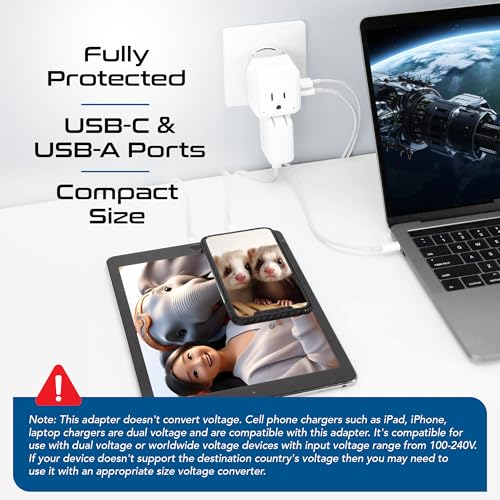 Image of Ceptics Brazil Power Plug Adapter Travel Set, 20W PD & QC, Safe Dual USB & USB-C 3.1A - 2 USA Socket - Compact & Powerful - Also Use in Peru, Chile - Includes Type C, Type N Swadapt Attachments