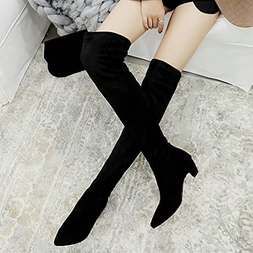 Trendenzy Womens Pointed Toe Kitten Heel Thigh High Boots Faux Suede Stretch Over The Knee Boots2