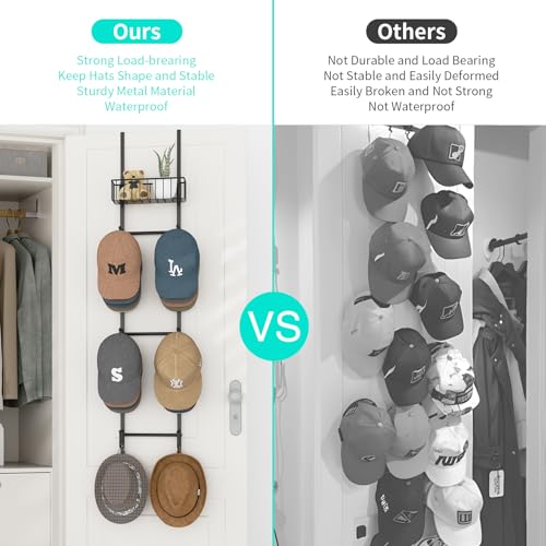 HapiRm Over Door Hat Rack - Wall Mounted Hat Organizer with 6 Hooks and Metal Basket Design, Baseball Cap Organizer Storage Holder Up to 32 Caps for Door, Bedroom, Closet (Black) by HapiRm - Image 2