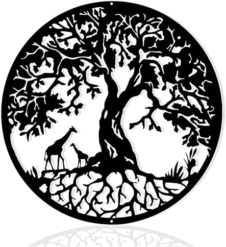 Pduoduo 50cm Black Metal Tree of Life Wall Decor Silhouette Art(with giraffe) for Gift Present Indoor Outdoor Garden Home Decoration (19.7inch)