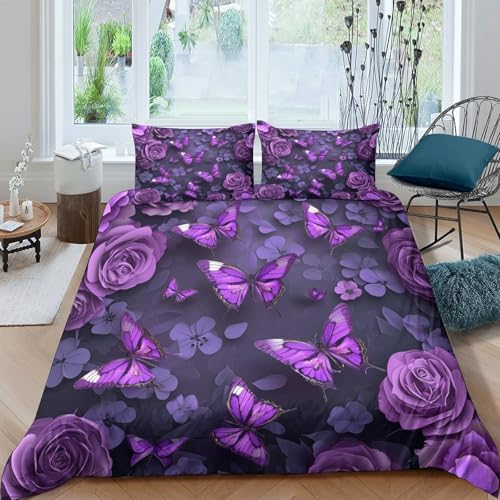 Parure de lit papillons violets 140x200 microfibre avec housse de couette - 4
